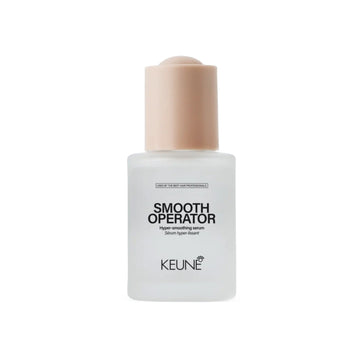 Keune Style Smooth Operator frizz control serum in a frosted bottle with beige cap. Ideal for sleek hair styling and enhanced shine.
