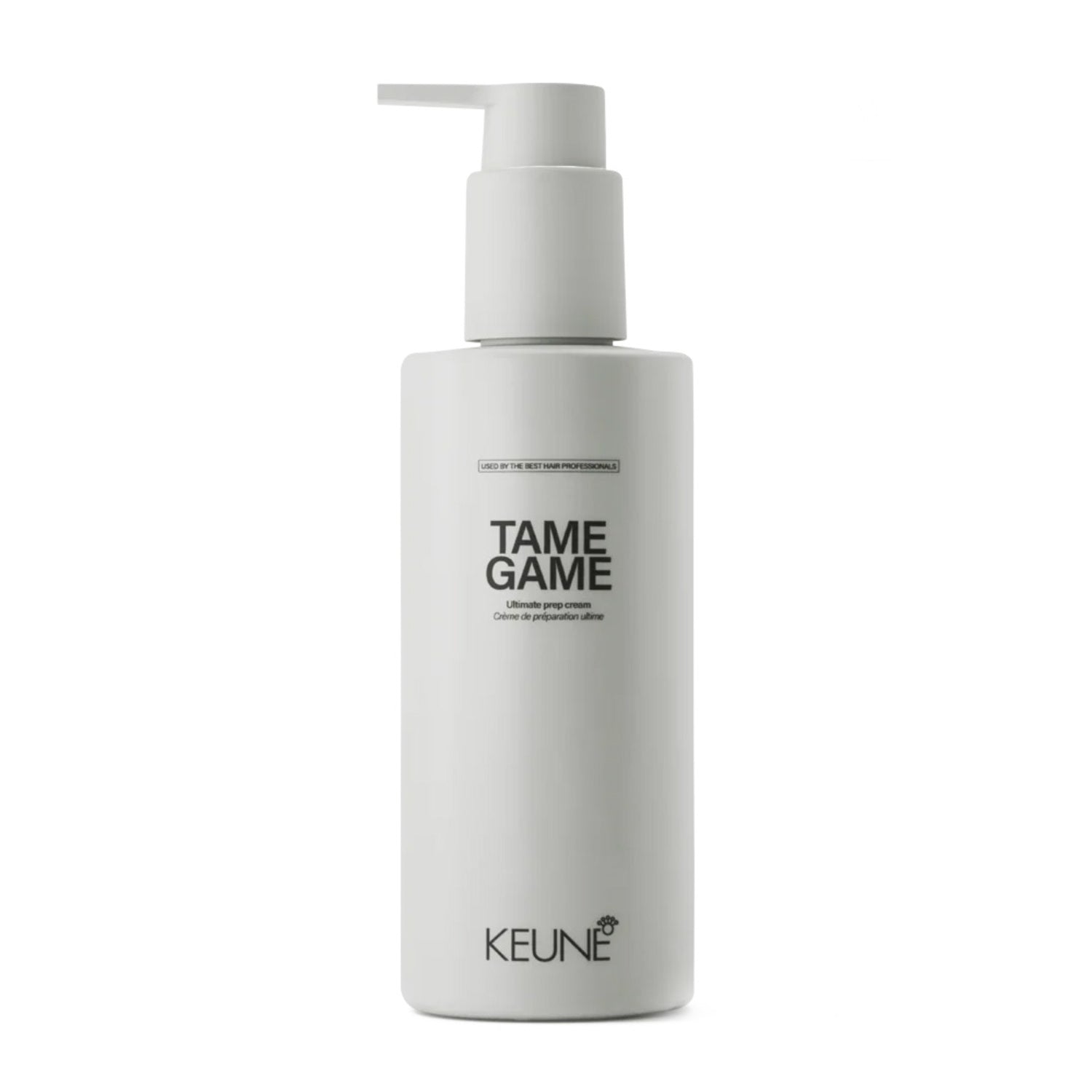 Keune Style Tame Game Hair Cream for smooth, hydrated styling; professional-grade formula in minimalist white packaging with pump dispenser.