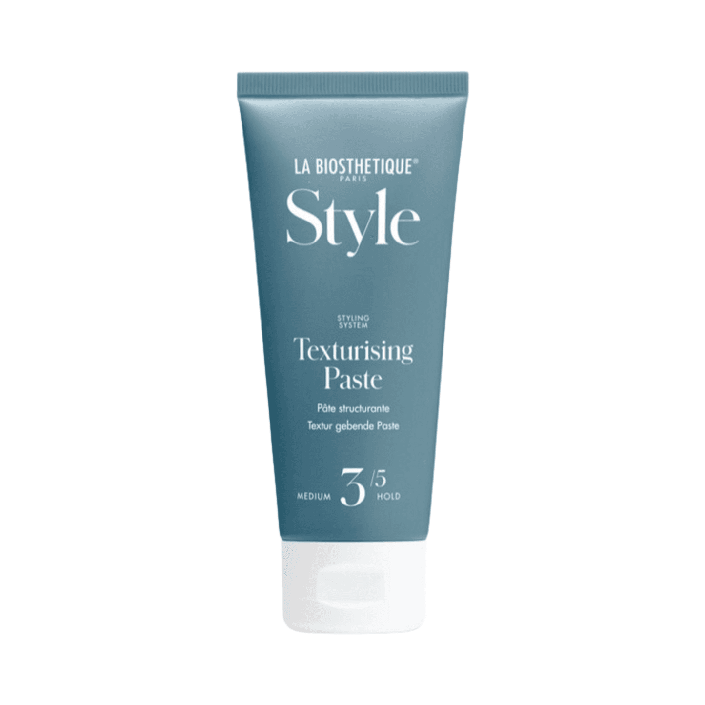 La Biosthetique Style Texturising Paste tube with medium hold 3/5, ideal for shaping and defining hair. Shop La Biosthetique at eSkinStore.