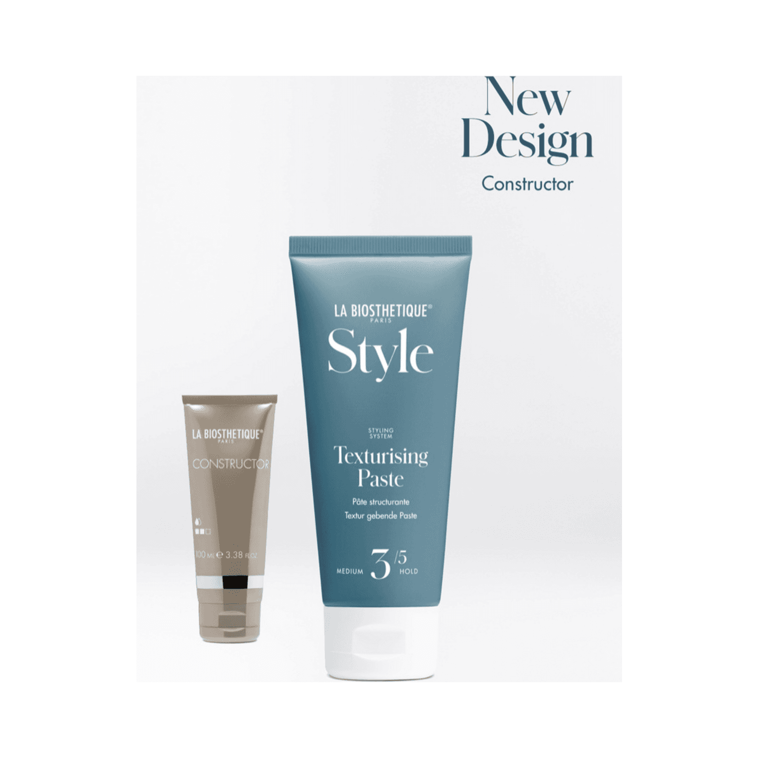 Side-by-side comparison of La Biosthetique Style Texturising Paste and its previous Constructor design. Buy now at eSkinStore for expert styling.