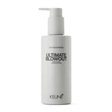 Keune Style Ultimate Blowout hair styling lotion in sleek white pump bottle. Offers medium hold, volume, shine, and heat protection for blowouts.