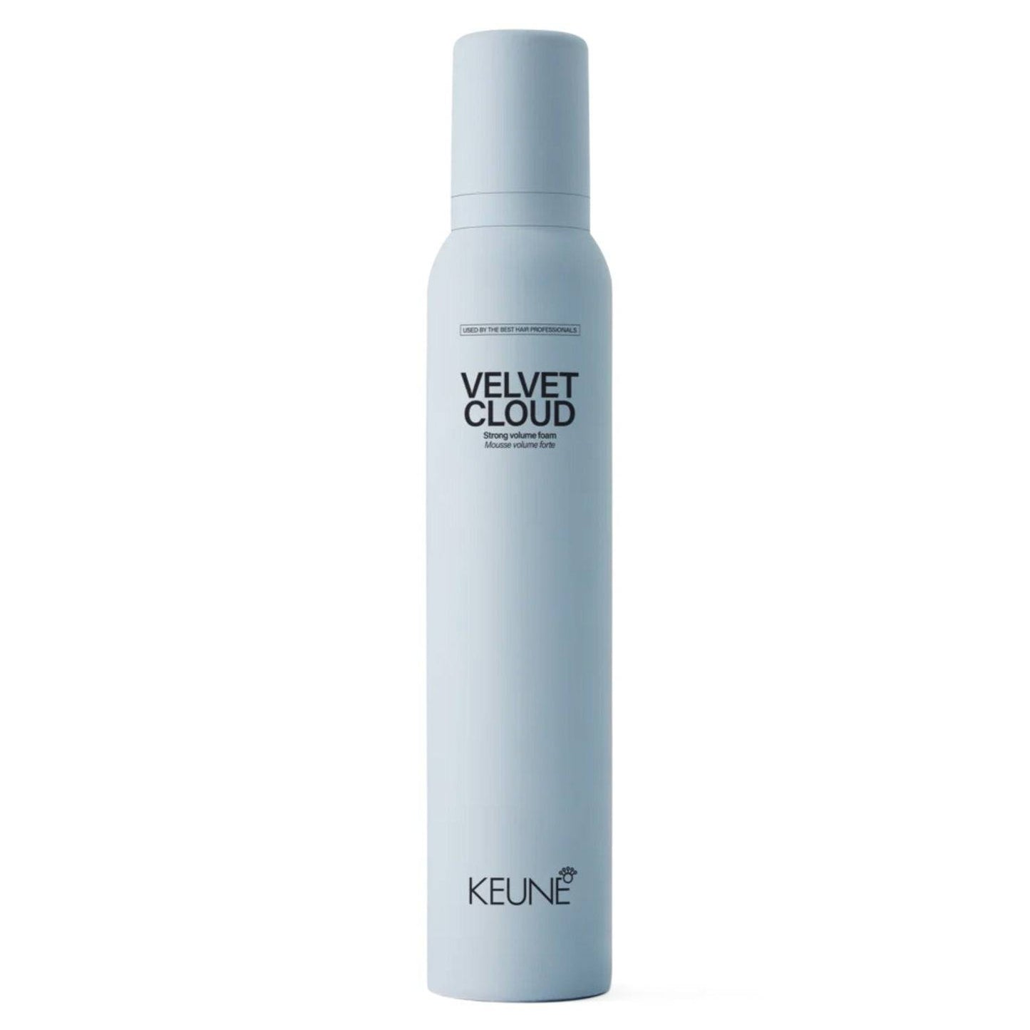 Keune Style Velvet Cloud volumizing foam in sleek light blue bottle, ideal for nourishing and protecting hair with panthenol and Vitamin E.