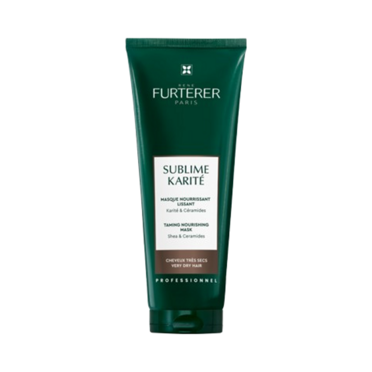 Rene Furterer Karite Mask in green tube packaging for taming and nourishing very dry hair with shea and ceramides. Ideal for professional hair care.