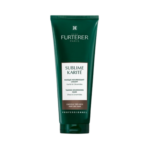 Rene Furterer Karite Mask in green tube packaging for taming and nourishing very dry hair with shea and ceramides. Ideal for professional hair care.