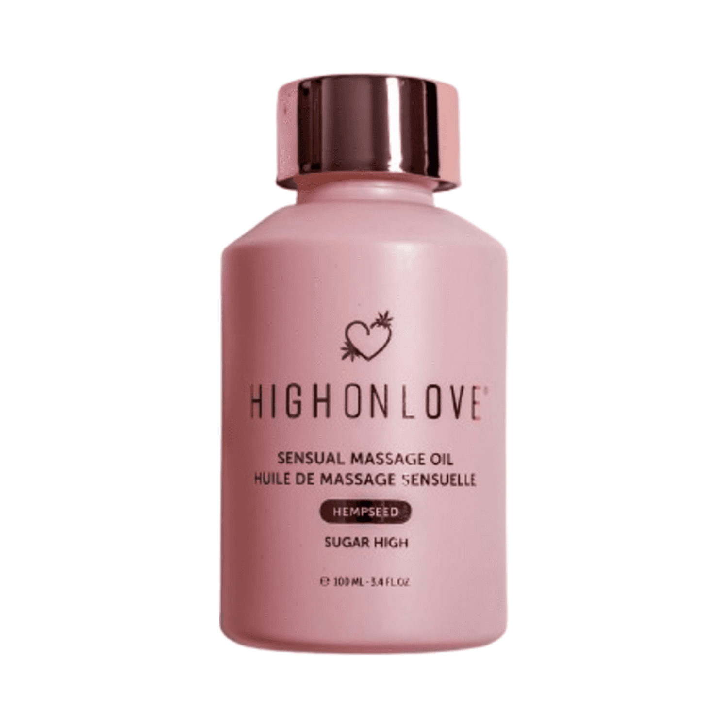 High on Love Sugar High Massage Oil Body Oil in a sleek pink bottle with rose gold cap, 100 ml size, ideal for body care and relaxation.