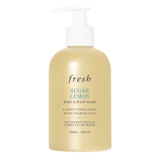Fresh Sugar Lemon Body and Hand Wash 300ml med pumpedispenser, beriket med vitamin C & E og en saftig sitrusduft. Kjøp på eSkinCareStore.