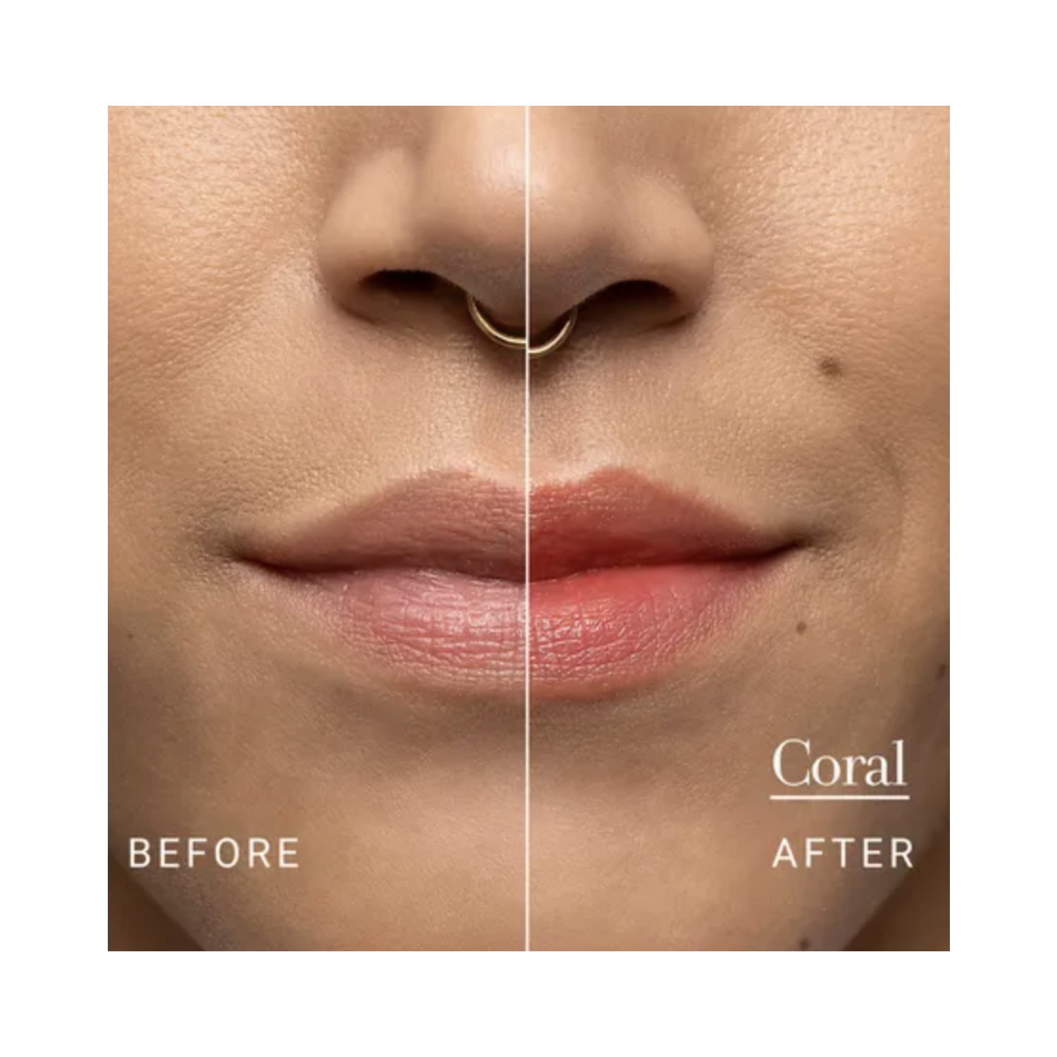 Before and after lips with Fresh Sugar Lip Treatment Coral, showing enhanced hydration and coral tint.