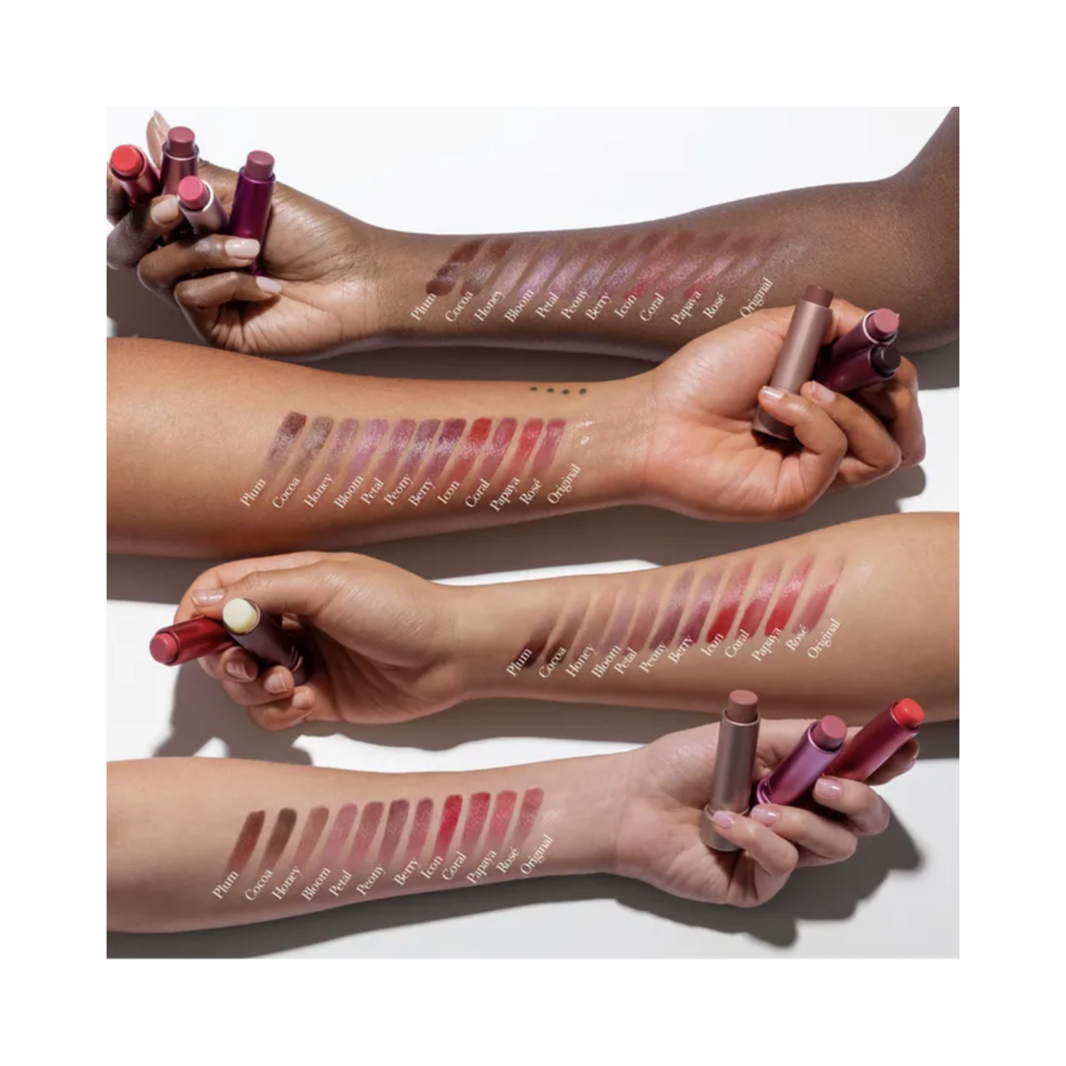 Fresh Sugar Lip Treatments swatched on arms, featuring Original and tinted shades for all skin tones.