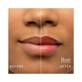 Before and after lips using Fresh Sugar Lip Treatment Rosé, showing subtle rosy tint and improved hydration.
