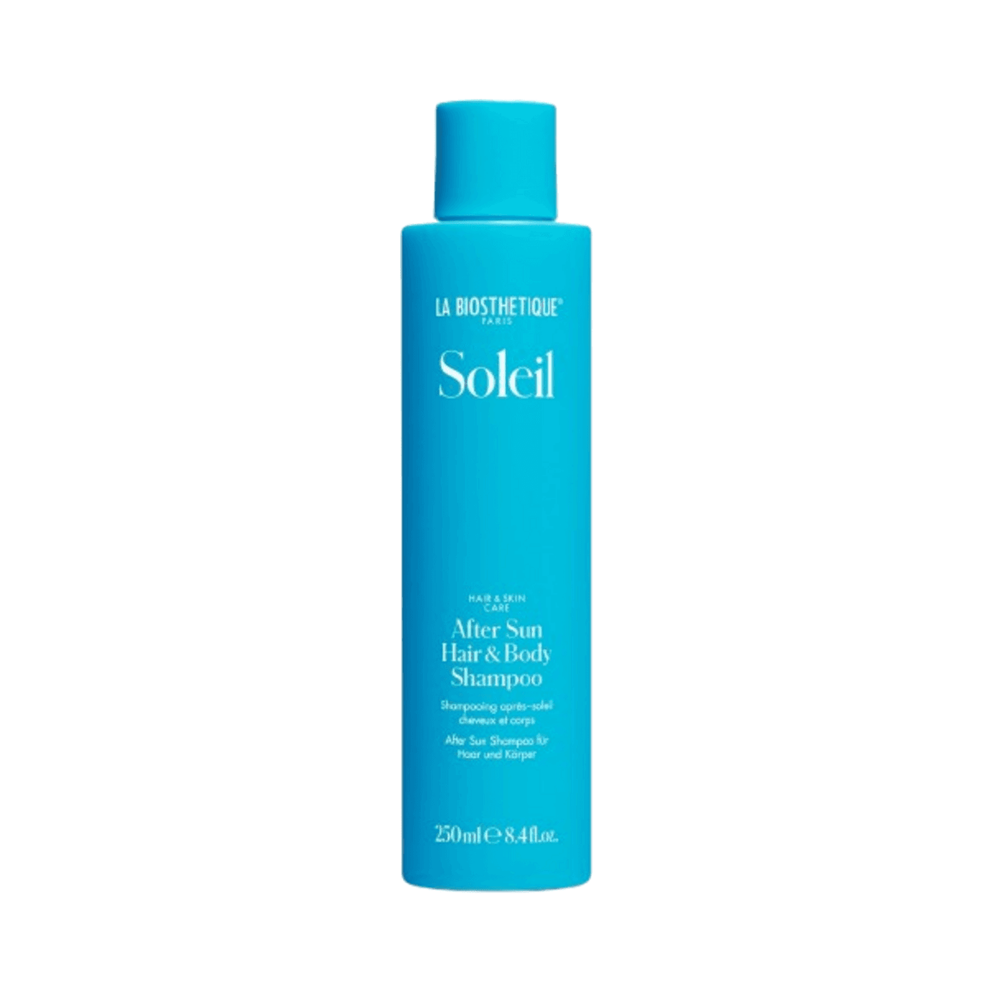La Biosthetique Sun Hair Body Shampoo in a 250ml blue bottle, ideal for cleansing hair and body after sun exposure. Removes chlorine and salt residues.