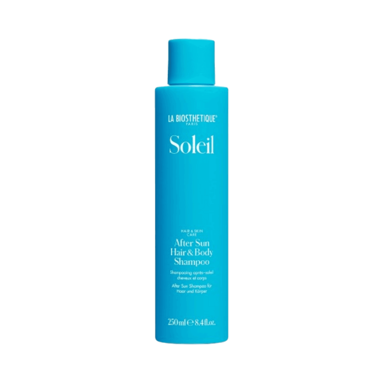 La Biosthetique Soleil After Sun Hair & Body Shampoo for post-sun care, protects hair color and gently cleanses skin and scalp from sea and pool elements.