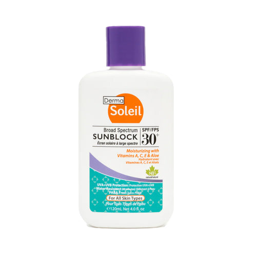 DermaMed Sunscreen Lotion SPF 30+ in 120ml bottle. Moisturizing sunblock with chamomile and aloe, ideal for daily face and body protection.