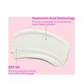 Murad SPF 50 Moisturizer swatch showing hyaluronic acid technology and SPF 50 benefits for deep hydration and anti-aging protection.