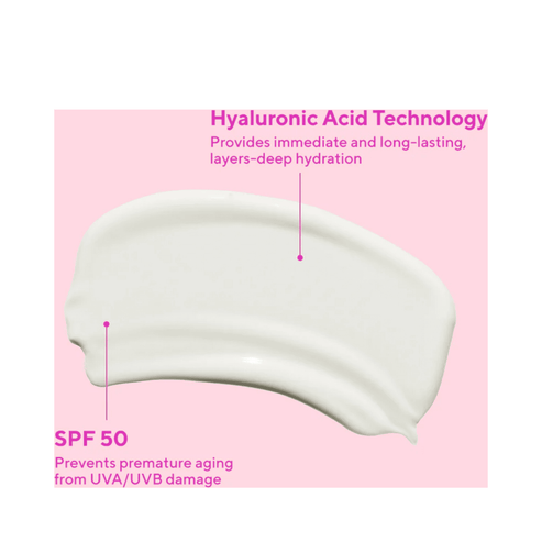 Murad SPF 50 Moisturizer swatch showing hyaluronic acid technology and SPF 50 benefits for deep hydration and anti-aging protection.