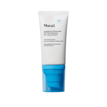 Murad SPF 50 Moisturizer with mattifying oil control and pore minimizing formula in a white and blue pump tube, ideal for face and neck care.