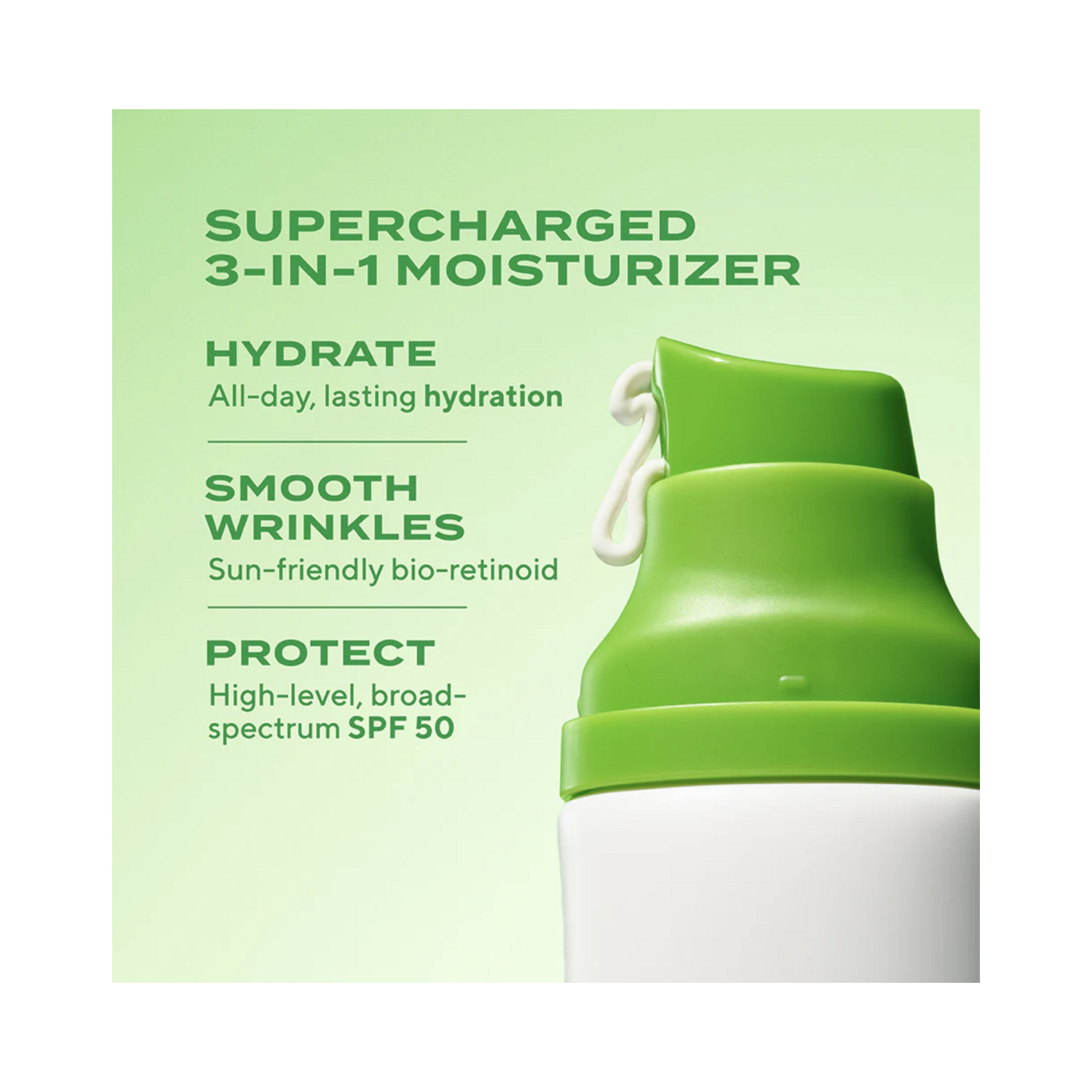 Murad SPF 50 moisturizer benefits highlighted: hydrates, smooths wrinkles with bio-retinoid, and protects with broad-spectrum sun defense.