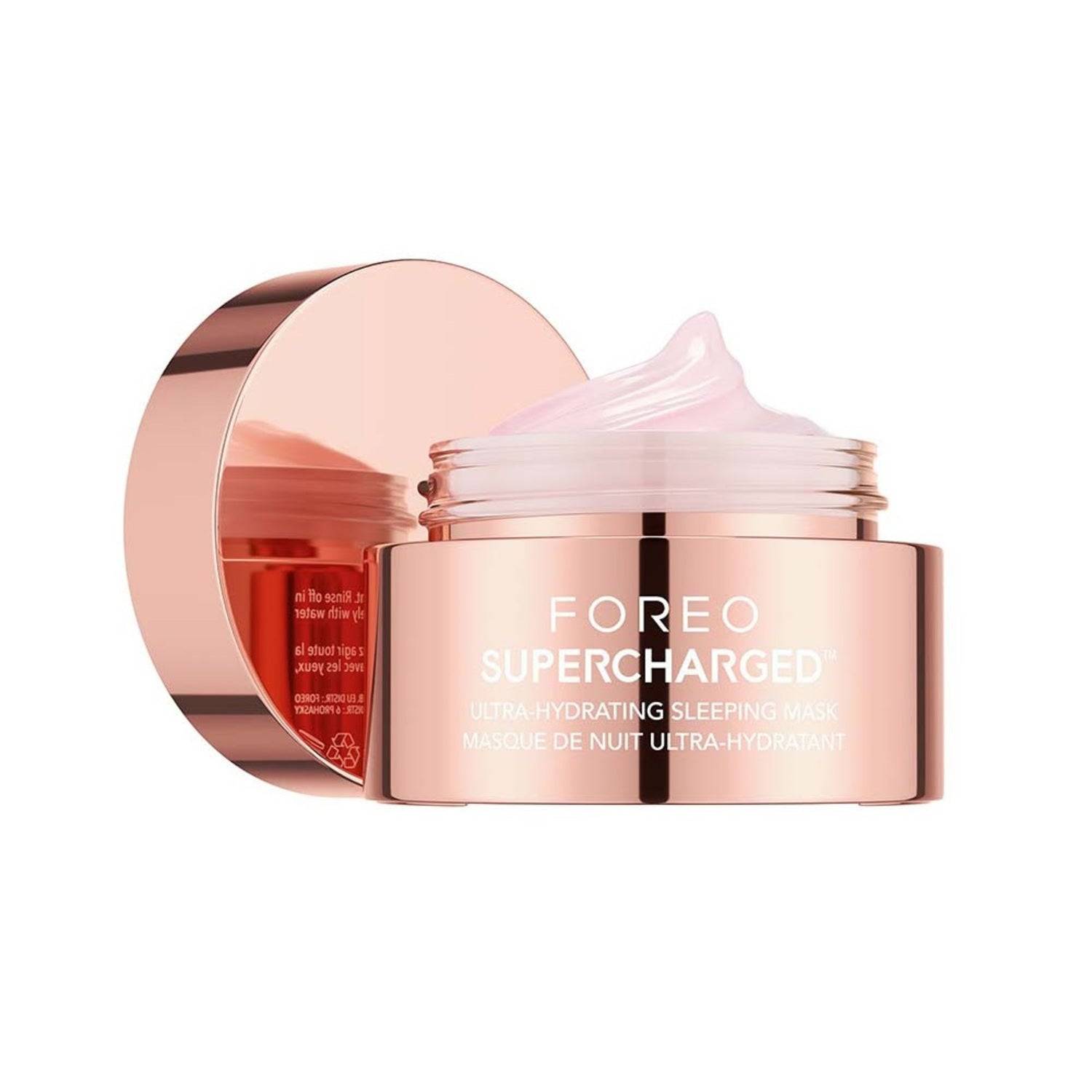 Foreo Ultra-Hydrating Sleeping Mask Face Mask in rose gold jar with creamy pink texture, available at eSkinStore for deep overnight hydration.