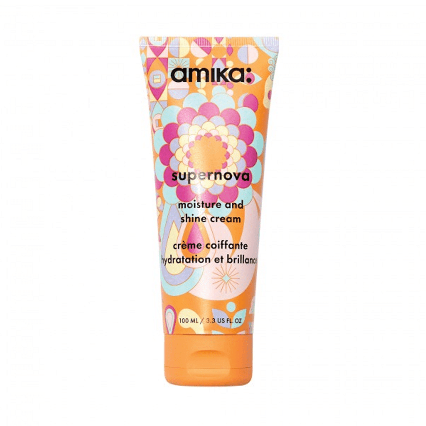 Amika Supernova Cream - Moisturizing Hair Cream in 100ml tube with vibrant floral design for shine and softness. Ideal for styling and hydration.