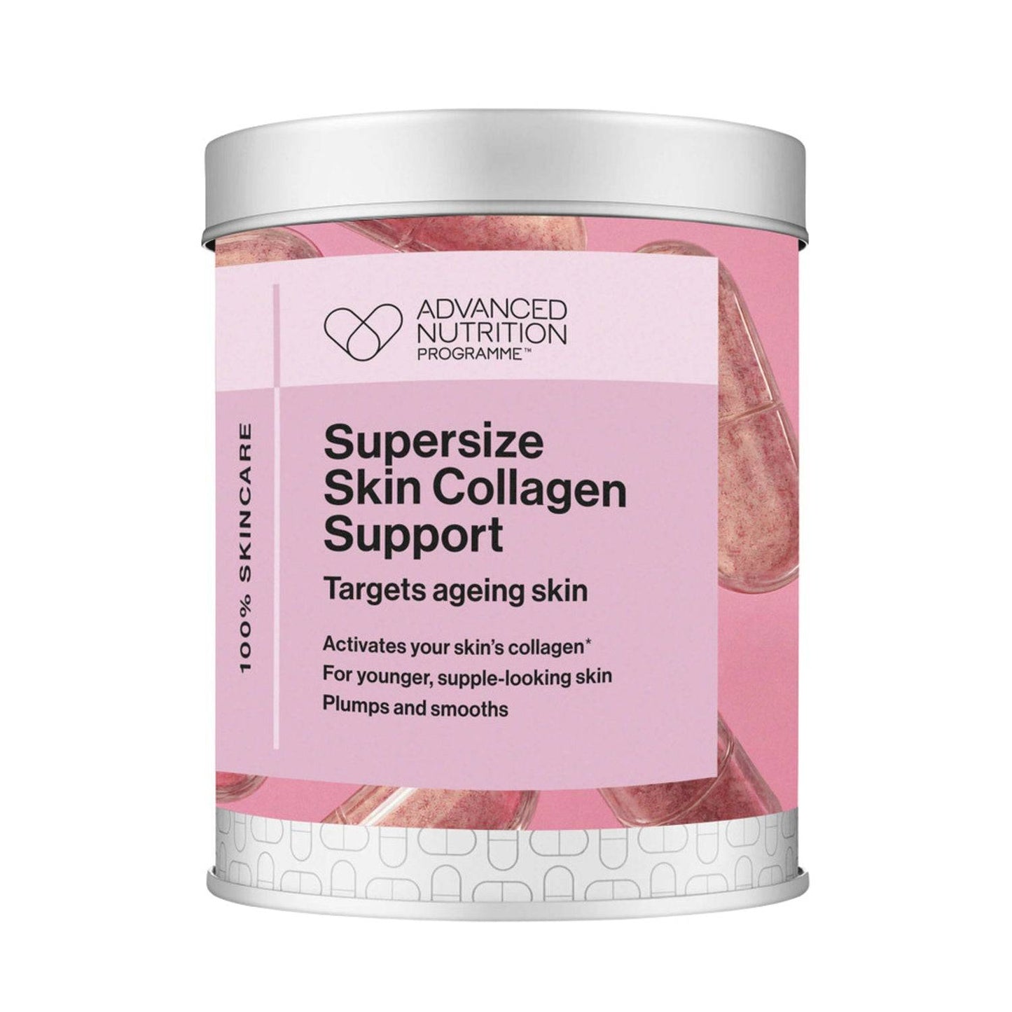 Advanced Nutrition Supersize Skin Collagen Support anti-aldringstilskudd i rosa og hvit beholder. Øker kollagen for ungdommelig, glatt hud.