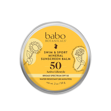 Babo Botanicals Swim Sport Mineral Sunscreen Balm SPF 50 in a 2 oz tin, ideal for on-the-go sun protection during active outdoor activities.