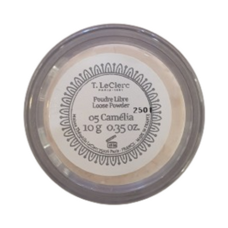 Free Gift T LeClerc Loose Powder Camelia in light beige shade 05, a 10g powder foundation ideal for evening out uneven skin tone with apricot undertones.