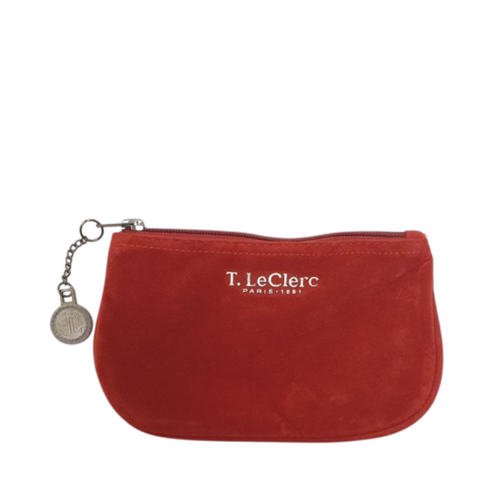 LeClerc Velour Beauty Pouch i rött med dragkedja och märkesberlock, perfekt för att organisera kosmetika och hudvårdsverktyg. Gratis presenttillbehör för resor.