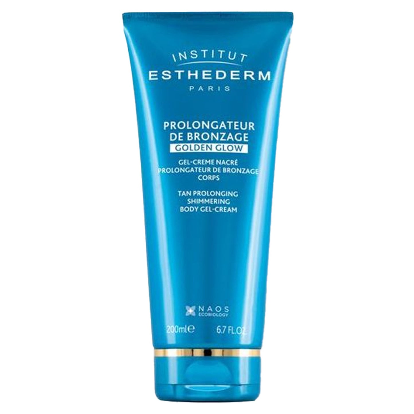 Institut Esthederm Tan Gel - Prolonging Tan | Shimmering Body Care in a 200ml blue tube. Enhances and extends tan with radiant, pearlescent finish.