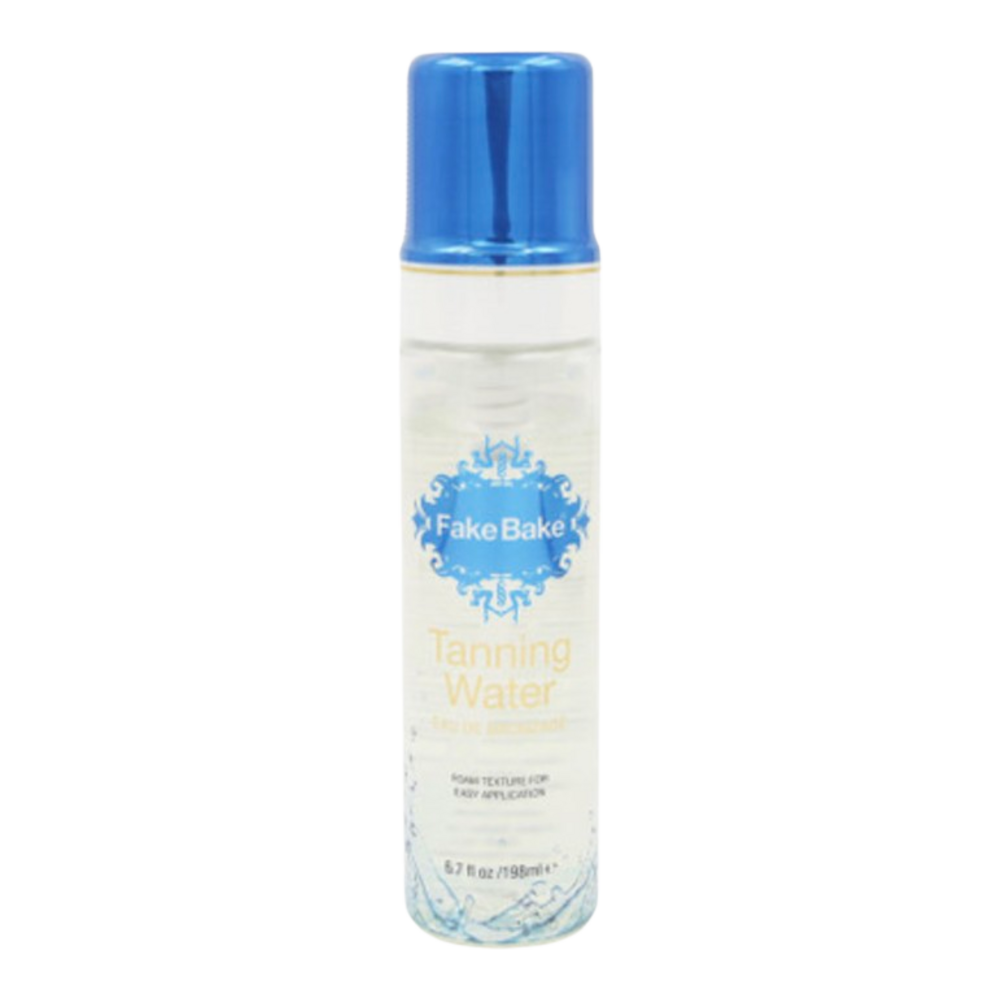 Self Tanning product Fake Bake Tanning Water in sleek packaging with blue cap, designed for a natural sun-kissed glow without UV exposure.