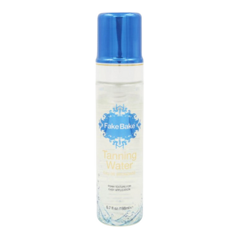 Self Tanning product Fake Bake Tanning Water in sleek packaging with blue cap, designed for a natural sun-kissed glow without UV exposure.