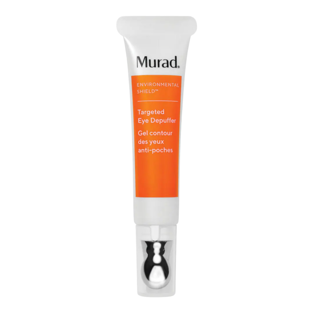 Murad Eye Depuffer Treatment with peptides in an orange and white tube, designed to firm skin and reduce under-eye puffiness and dark circles.
