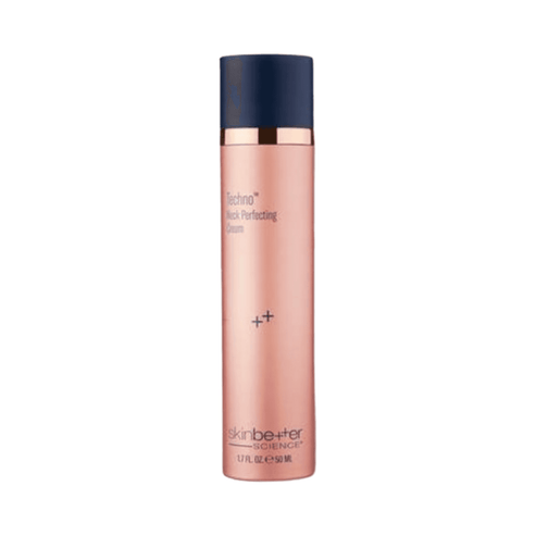 Techno Neck Perfecting Cream by Skinbetter in a sleek rose gold bottle with navy cap, designed for anti-aging neck care and skin firming.