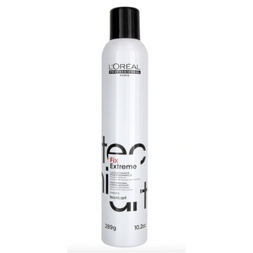 L'Oreal Tecni.ART Fix Extreme - Ultimate Hold & Shine hair styling gel in a 289g white bottle with black cap, ideal for long-lasting hairstyles.