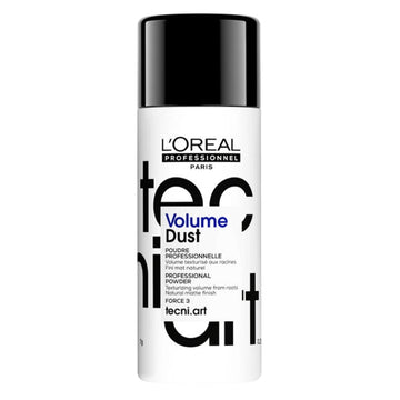 L'Oreal Volume Dust Powder for medium hold and weightless volume. Ideal hair styling product for all hair types in sleek black and white packaging.