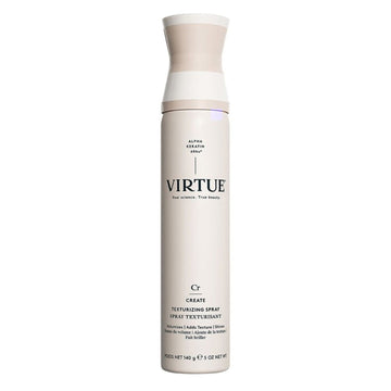 Virtue Texturizing Mist in sleek beige bottle with Alpha Keratin formula for instant shine and volume. Ideal hair styling spray for all hair types.
