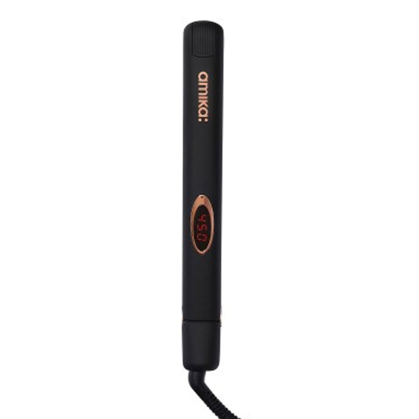 Moisture Lock Styler by Amika in sleek black design with digital temperature display. Ideal for smooth, fast-heated hair styling without dryness.