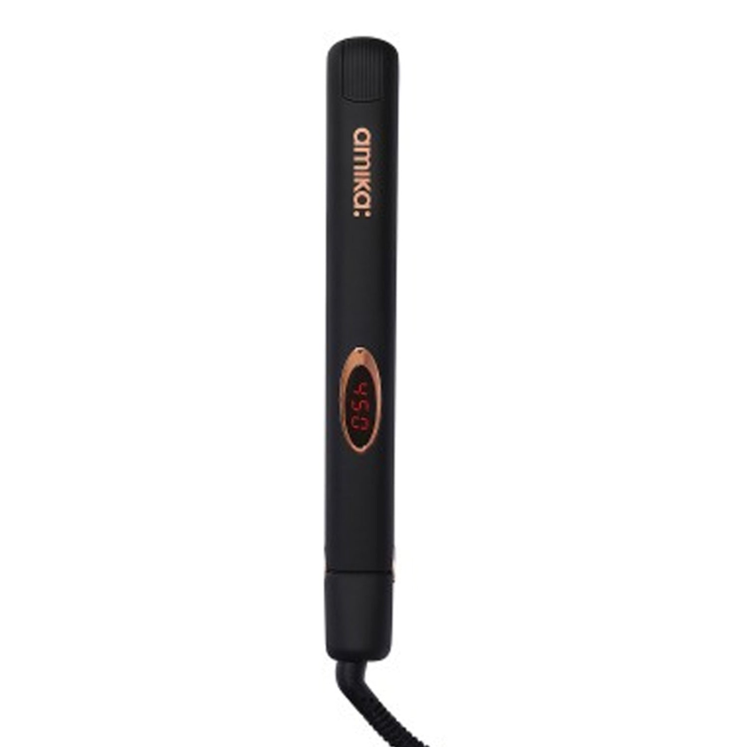 Moisture Lock Styler by Amika in sleek black design with digital temperature display. Ideal for smooth, fast-heated hair styling without dryness.