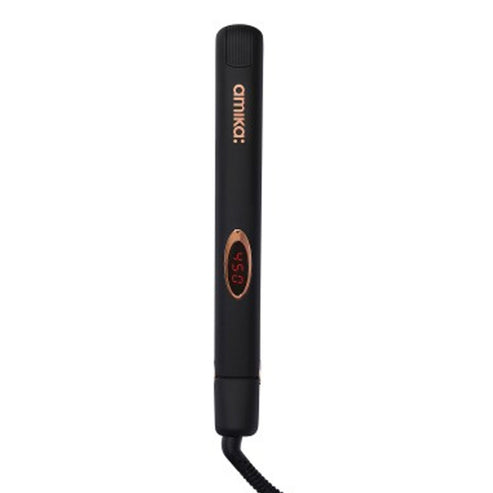 Moisture Lock Styler by Amika in sleek black design with digital temperature display. Ideal for smooth, fast-heated hair styling without dryness.