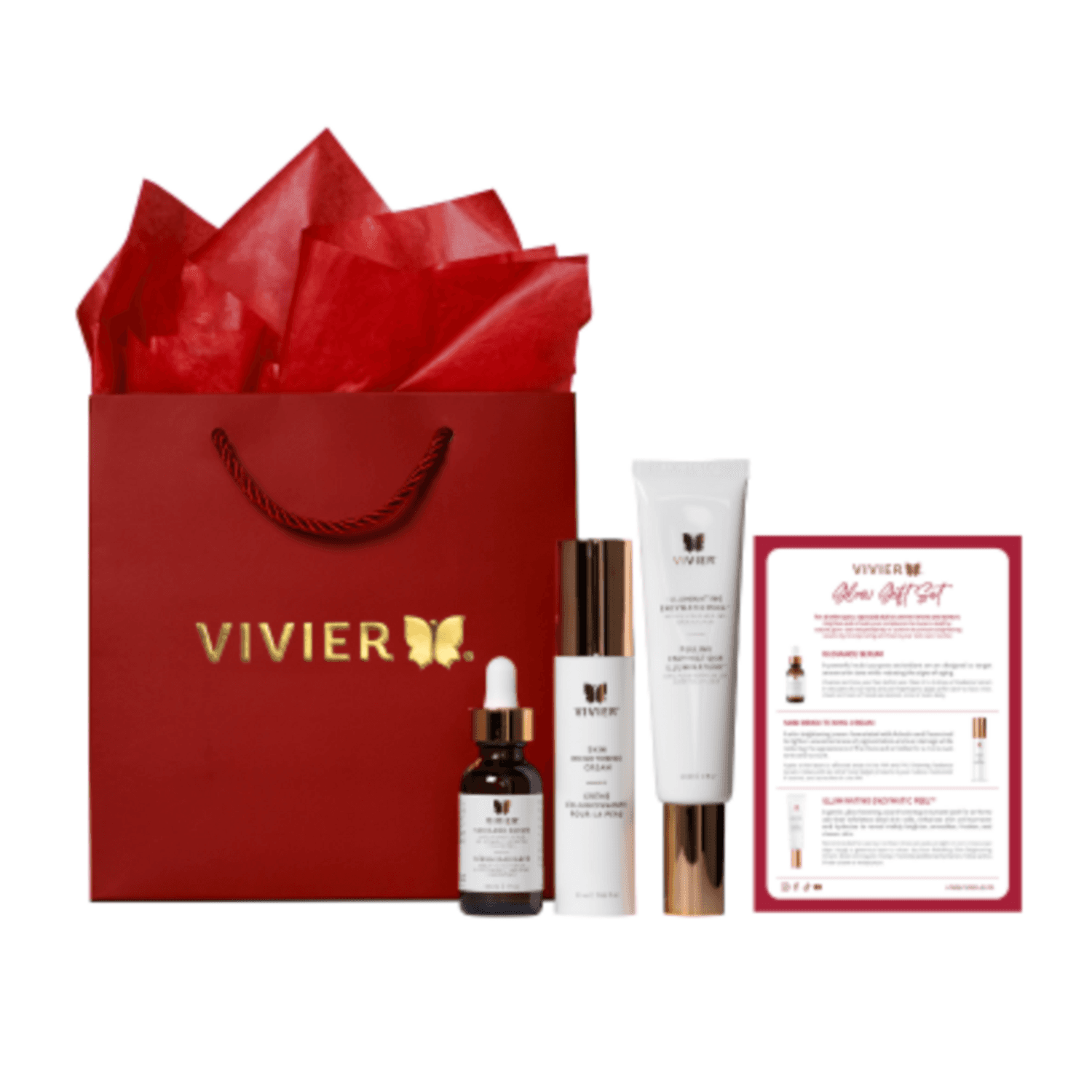VivierSkin Glow Gift Set featuring full-size skin care essentials and instructions, perfect for radiant skin and holiday gifting.