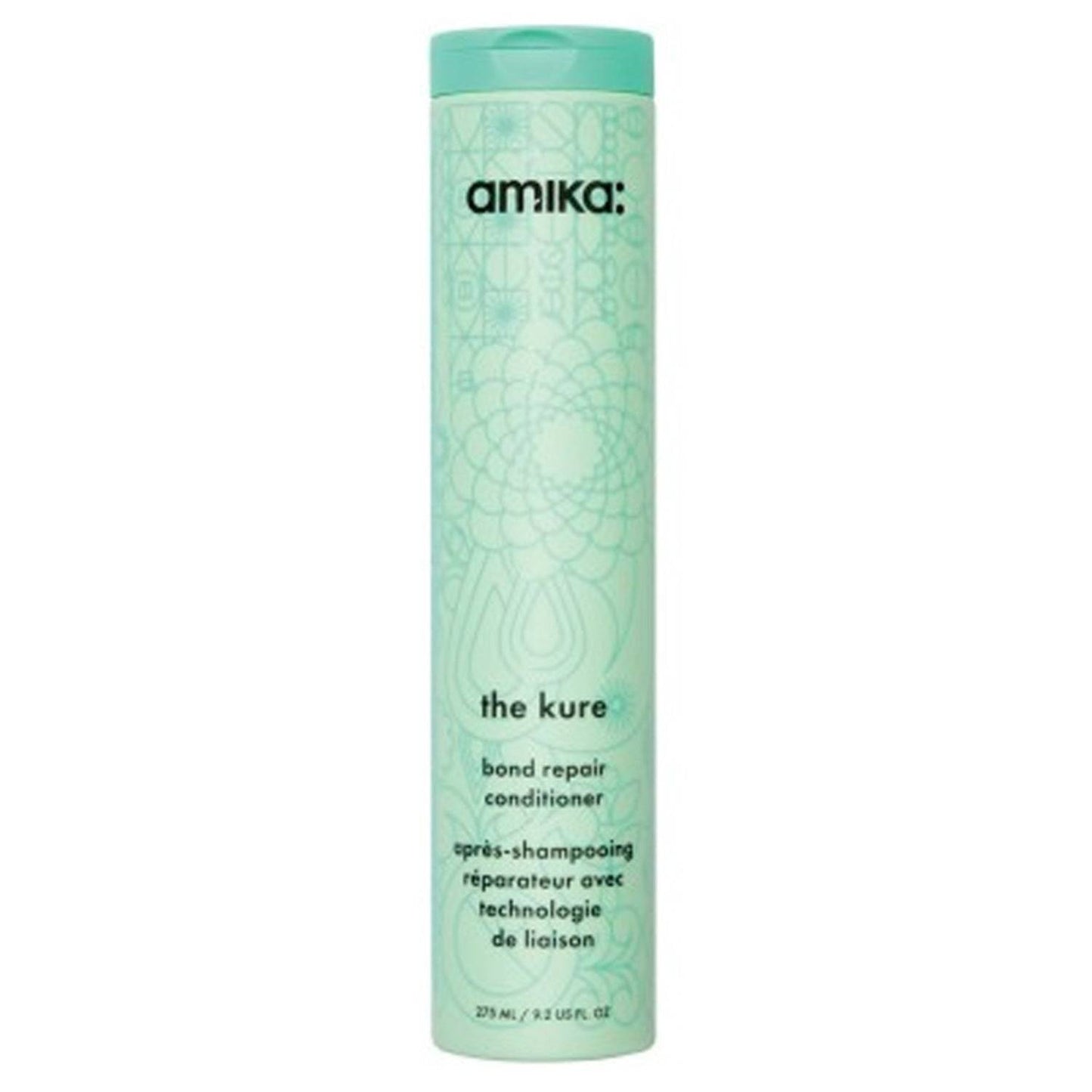 The Kure Bond Repair Conditioner by Amika in a tall mint green bottle with floral design, ideal for repairing and strengthening damaged hair.