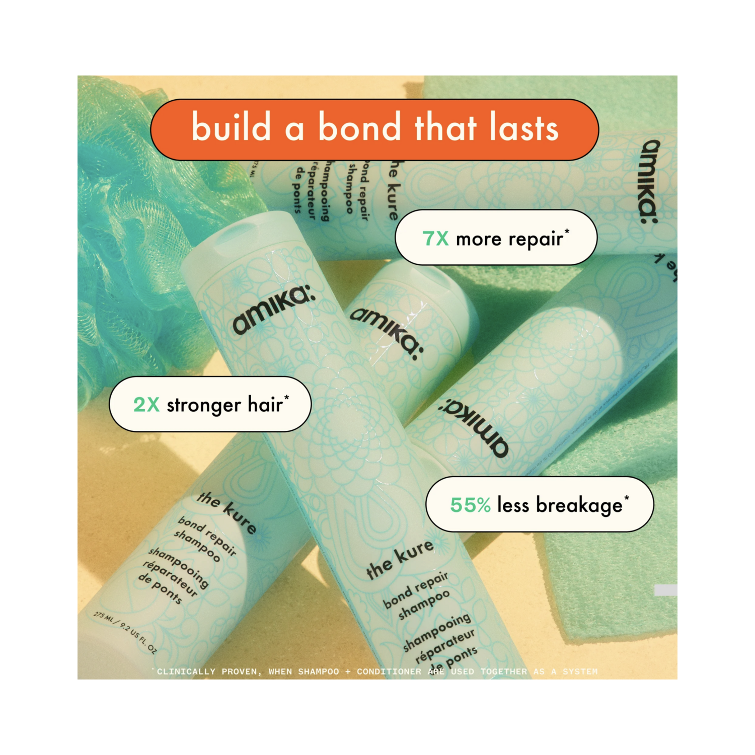 Promotional image of Amika The Kure Bond Repair Conditioner highlighting benefits like 7X more repair, 2X stronger hair, and 55% less breakage.