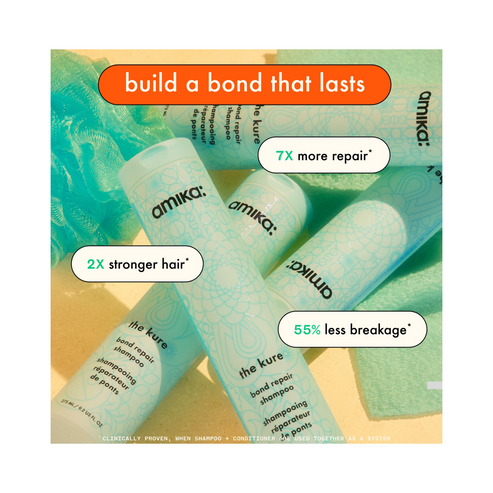 Promotional image of Amika The Kure Bond Repair Conditioner highlighting benefits like 7X more repair, 2X stronger hair, and 55% less breakage.