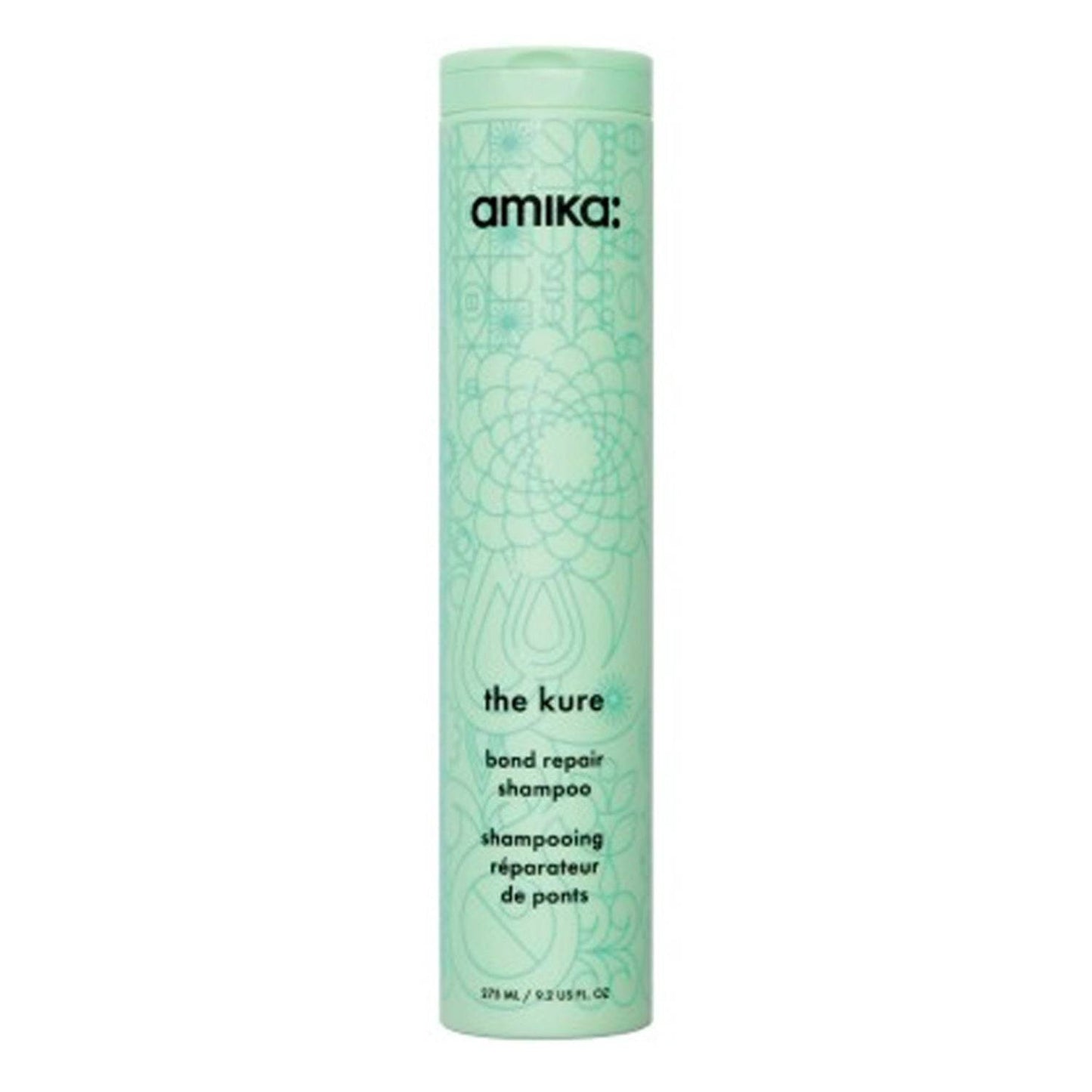 Amika The Kure Shampoo - Bond Repair in mint green bottle, designed for strengthening and repairing damaged hair from heat and chemical treatments.