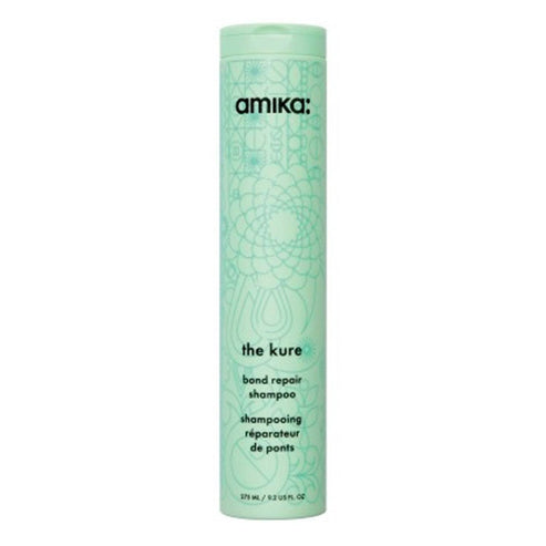 Amika The Kure Shampoo - Bond Repair in mint green bottle, designed for strengthening and repairing damaged hair from heat and chemical treatments.