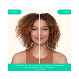 Before and after results of using Amika The Kure Shampoo and Conditioner, showing visibly stronger, defined curls and reduced frizz on natural hair.