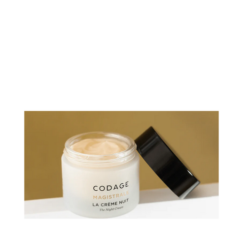 Open jar of Codage Paris Night Cream Magistrale showing creamy texture, ideal for dry skin and overnight rejuvenation with retinol and hyaluronic acid.