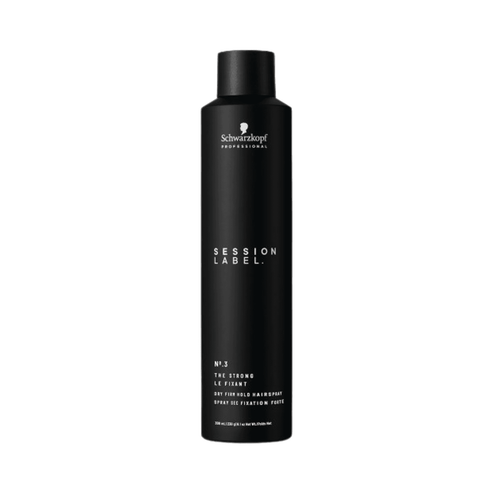 Schwarzkopf Session Label The Strong Dry Firm Hold Hairspray for professional hair styling, ideal for firm hold and dry finish.