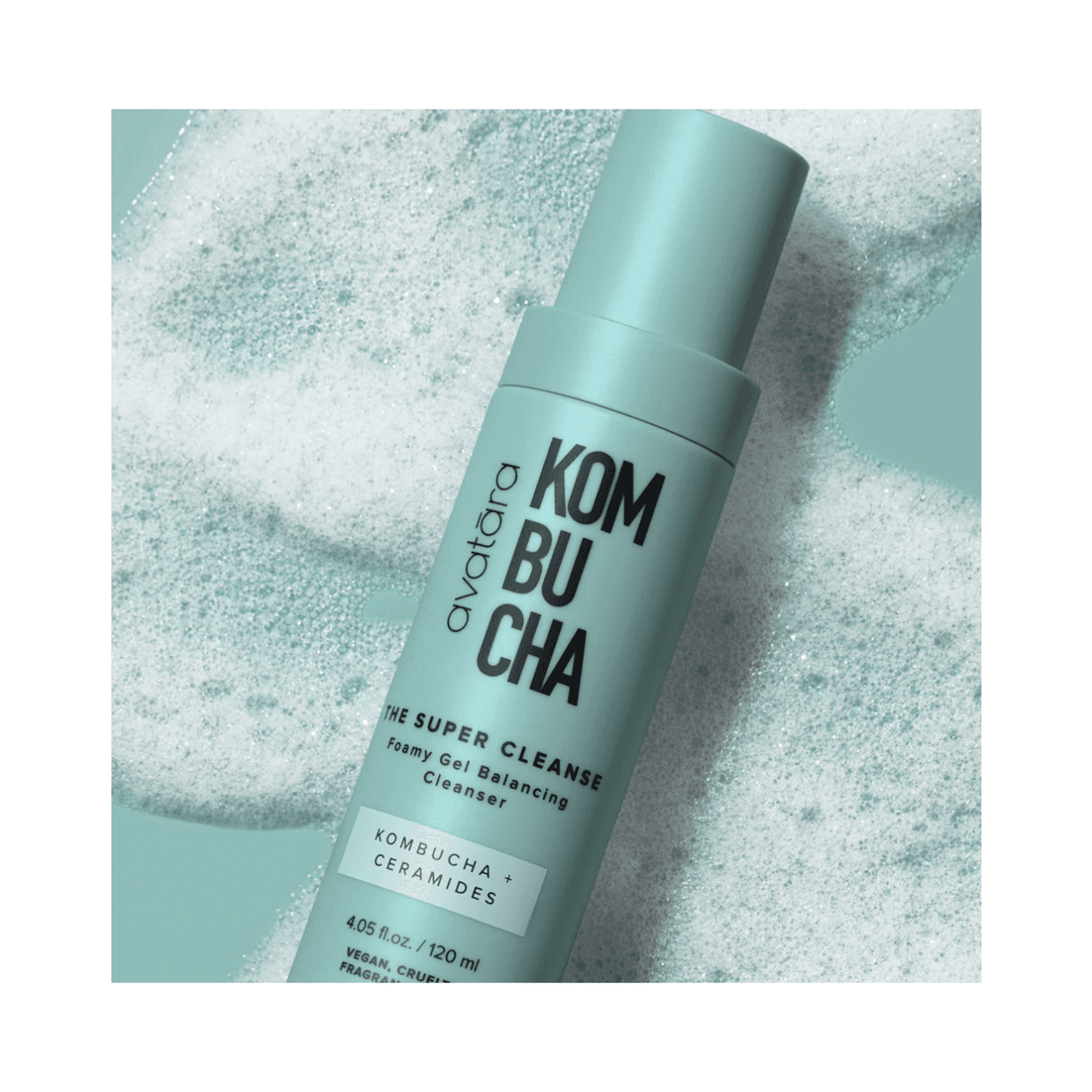 Avatara The Super Cleanse foamy-gel cleanser shown with lather, highlighting its deep-cleansing formula with nourishing ceramides.