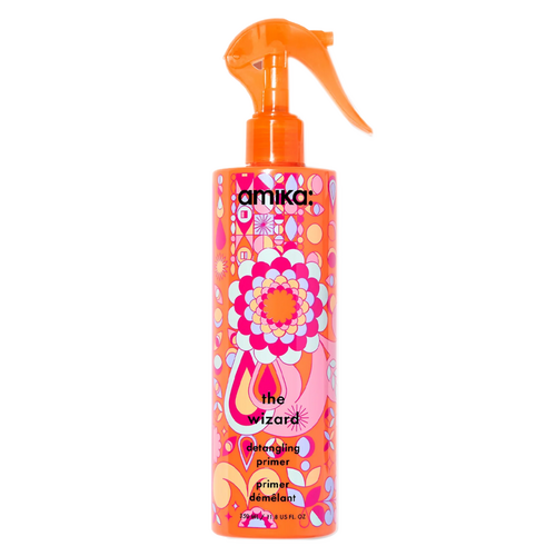 Amika The Wizard Detangling Primer 350 ml full-size hair care spray with bold floral design, ideal for prepping and protecting all hair types.