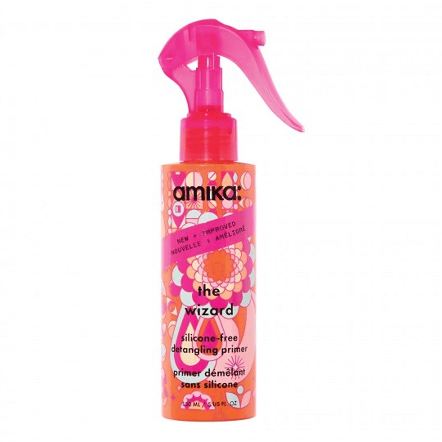 Amika The Wizard Silicone-Free Detangling Primer in a vibrant pink-orange spray bottle. Lightweight hair treatment for taming and heat protection.