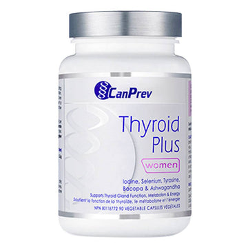 CanPrev Thyroid Plus for women in a white bottle, formulated with iodine, selenium, tyrosine, and ashwagandha for thyroid support.